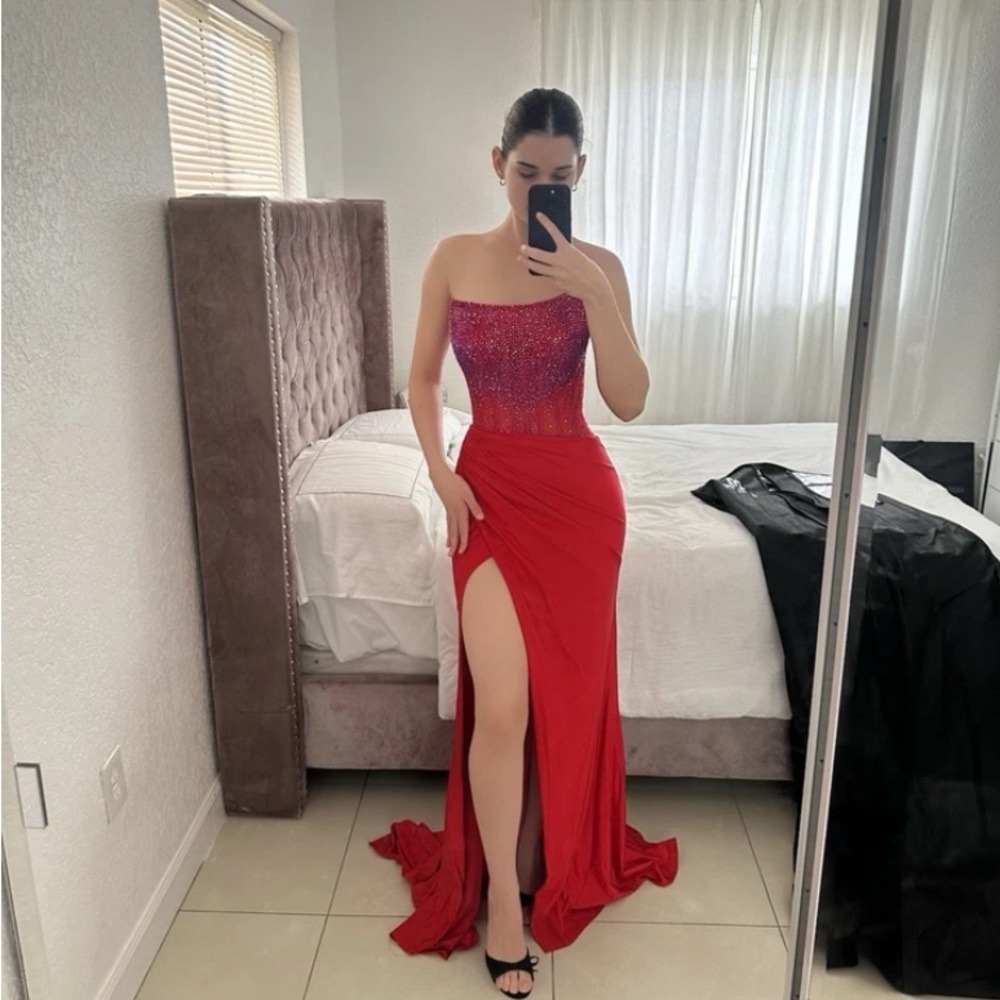 Red prom dress strapless jersey dress with corset bustier Ashley Lauren 11690